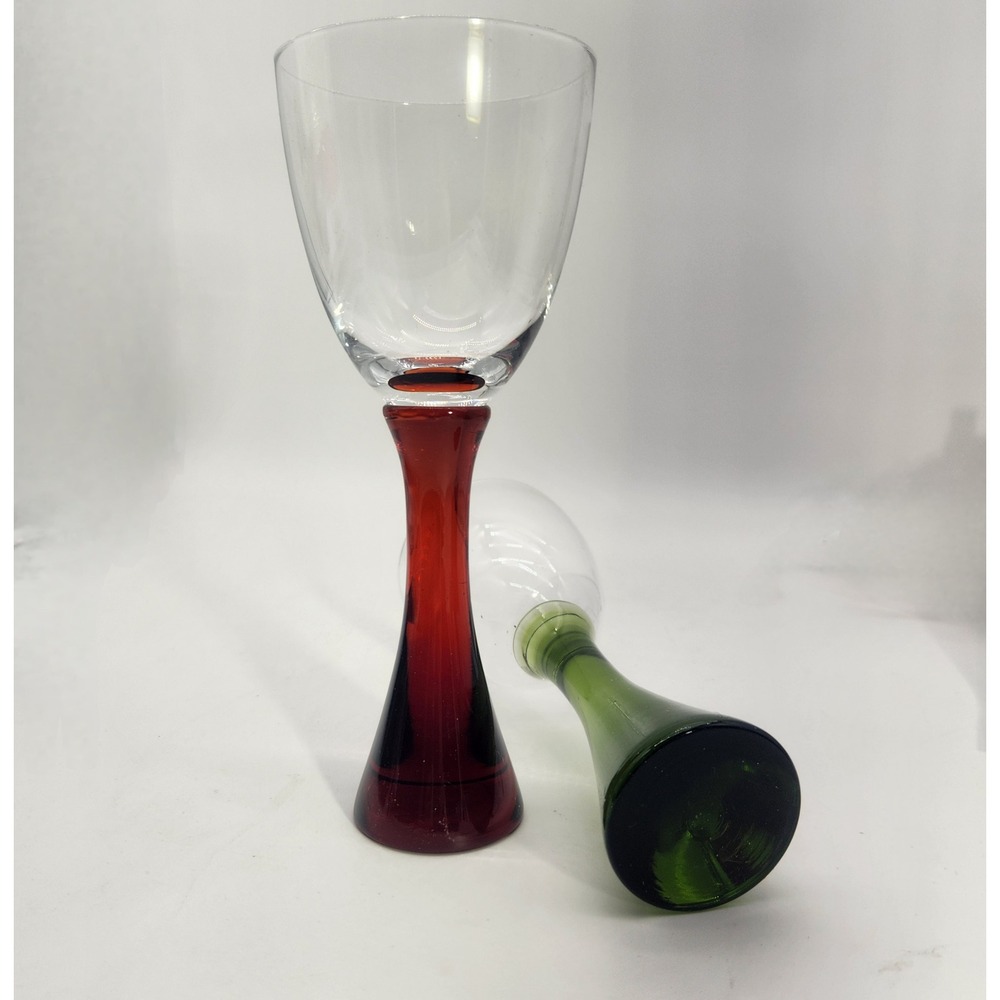2 Danish Influenced Wine Goblets Green & Red Flared Stems Clear Bowls Vintage - Picture 3 of 7